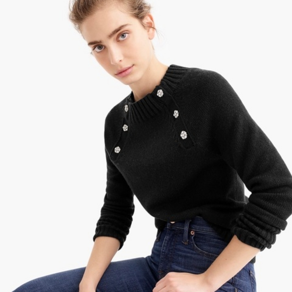 NWT J. Crew Black Crewneck Sweater Jeweled Buttons